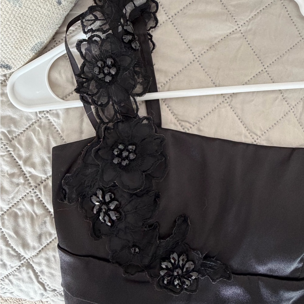B. Smart Black One Shoulder Dress with Floral Accents